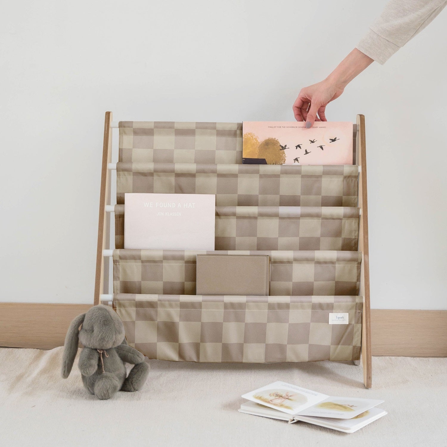 3-sprouts-checkerboard-beige-porte-livres-biblioth-que-en-tissu-recycl image 3