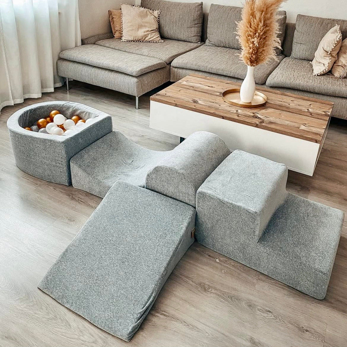 meowbaby-parcours-de-motricit-5-pi-ces-petite-piscine-balles-velours-gris-balles image 1