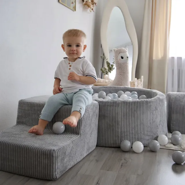 meowbaby-parcours-3-pi-ces-piscine-balles-ronde-90x30-cm-corduroy-aesthetic-gris image 1