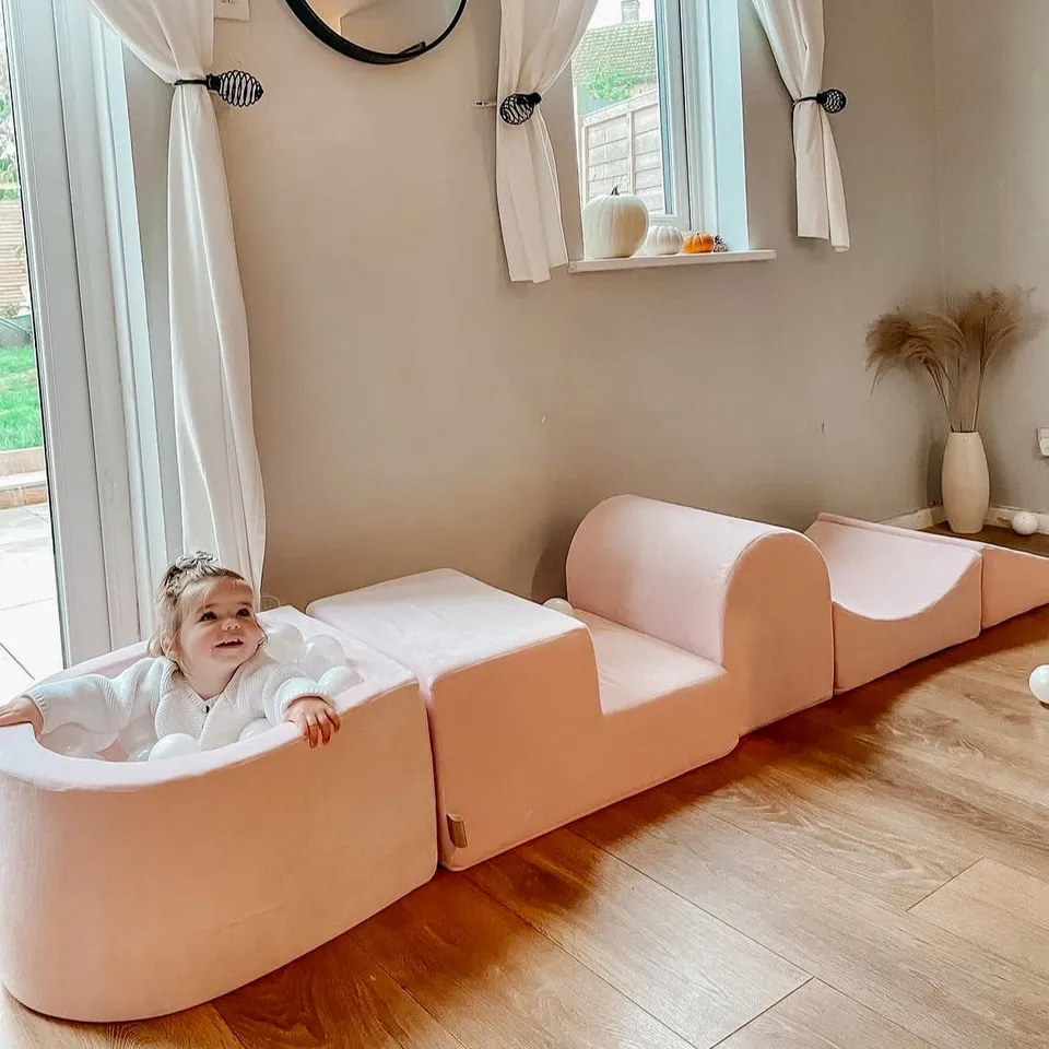 meowbaby-parcours-de-motricit-5-pi-ces-avec-petite-piscine-balles-en-velours-ros image 1